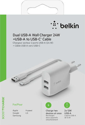 Belkin Φορτιστής με 2 Θύρες USB-A και Καλώδιο USB-C 24W Λευκός (Boost Charge)