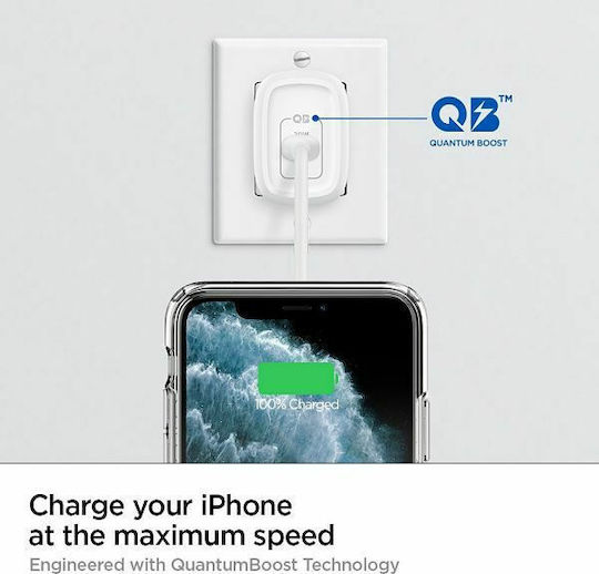 Spigen Incarcător Fără Fir GaN Cu Port USB-C 20W Livrarea Energiei Alb