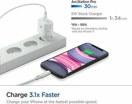 Spigen Incarcător Fără Fir GaN Cu Port USB-C 20W Livrarea Energiei Alb