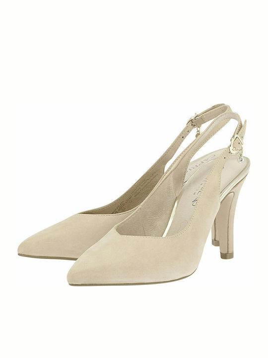 Caprice Anatomic Leather Pointed Toe Stiletto Beige High Heels with Strap