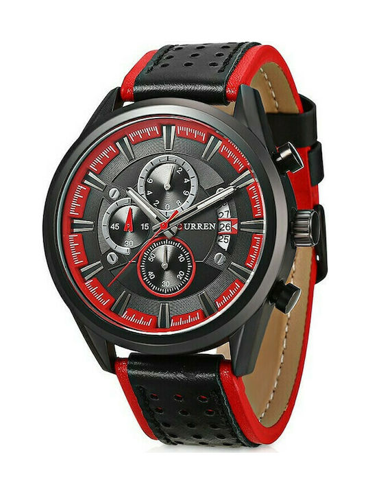 Curren Black / Red Uhr Chronograph Batterie mit Schwarz Lederarmband