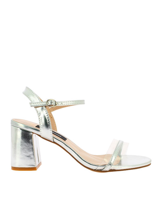 IQ Shoes Women's Sandals Transparent Y5672 with Ankle Strap Silver with Chunky High Heel