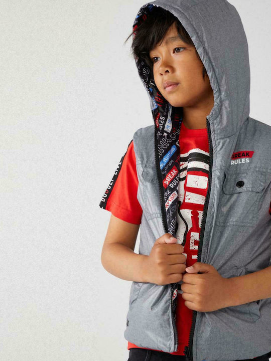 Kids Casual Sleeveless Short Hooded Grey Jacket