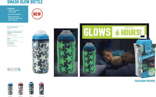 Smash Smash Glow in the Dark Kids Water Bottle Plastic Blue 420ml