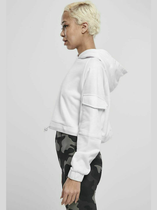 Hanorace Dama Cropped Cu Glugă Alb