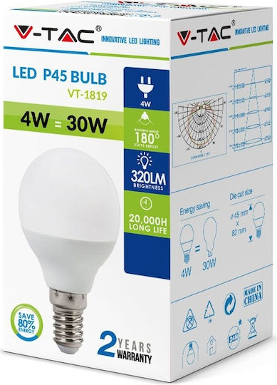 V-TAC Vt-1819 Λάμπα LED 4W 78mm για Ντουί E14 και Σχήμα P45 Ψυχρό Λευκό 320lm