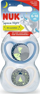 Nuk Orthodontic Pacifiers Silicone Space Night Cat / Bee Blue / White Night with Case for 6-18 months 2pcs