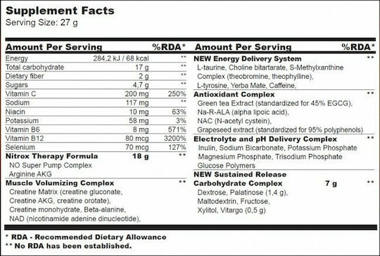 Biotech USA Nitrox Therapy Pre-workout Drink Powder with Amino Energy Blend 680gr Peach