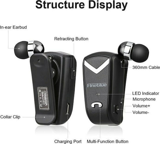 Fineblue F-V2 In-ear Bluetooth Handsfree Ακουστικό Πέτου Μαύρο