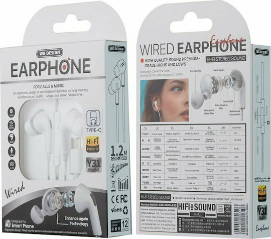 WK Y31 Type-C In-ear Handsfree με Βύσμα USB-C Λευκό