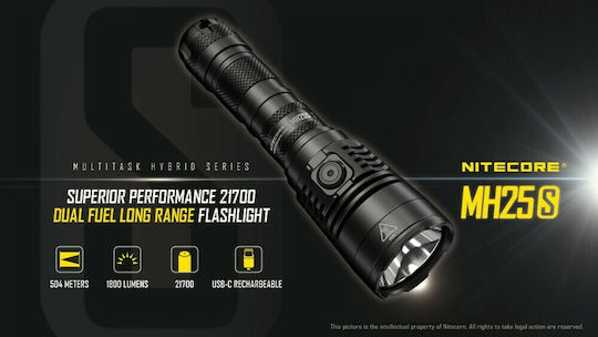 NiteCore Rechargeable Flashlight LED IP68 with Maximum Brightness 1800lm MH25S Black