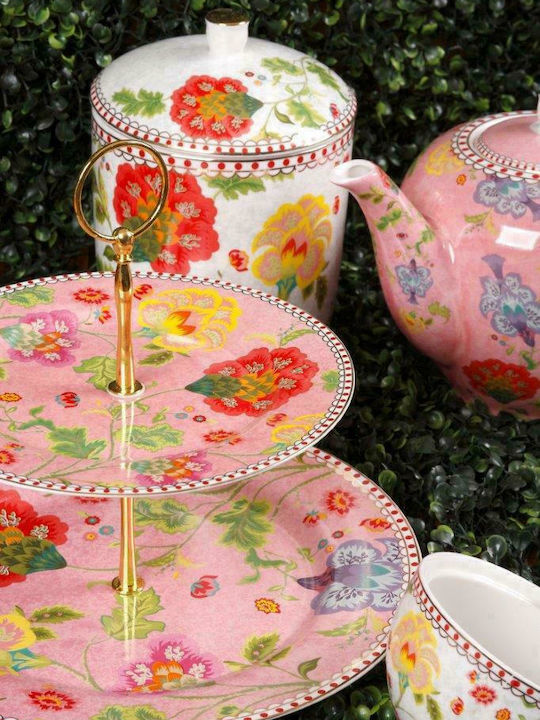 Cryspo Trio Floral Εταζέρα 2 Ορόφων από Πορσελάνη Ροζ Ø27xY27cm