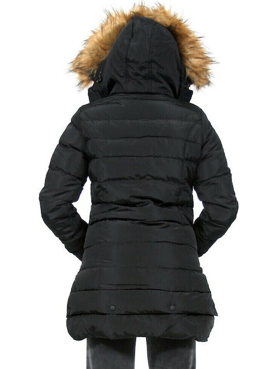90001 Lang Damen Puffer Jacke mit pelziger Kapuze für Winter Schwarz