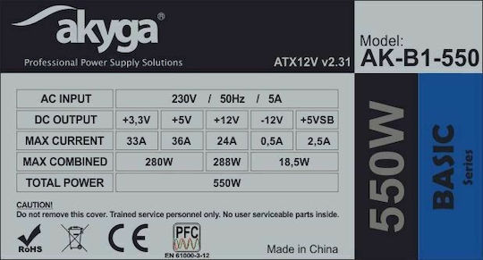 Akyga AK-B1-550 550W Gray Computer Power Supply Full Wired