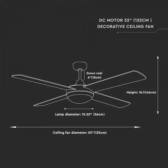 V-TAC Ανεμιστήρας Οροφής 132cm με Φως Ασημί