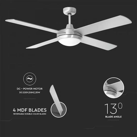 V-TAC Ανεμιστήρας Οροφής 132cm με Φως Ασημί