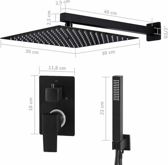 vidaXL Built-in Mixer, Hand Shower & Shower Head Set for Shower 2 Exits Inox Black Black Stainless Steel Shower System