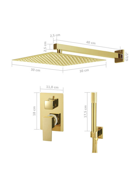 vidaXL Built-in Mixer, Hand Shower & Shower Head Set for Shower 2 Exits Inox Gold Gold Shower System made of Stainless Steel