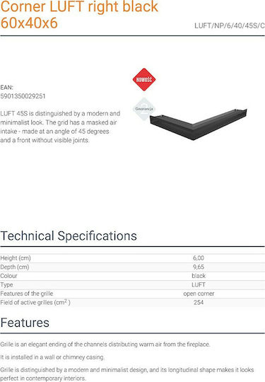 Kratki Corner Fireplace Air Shutter Black 40x60x6cm