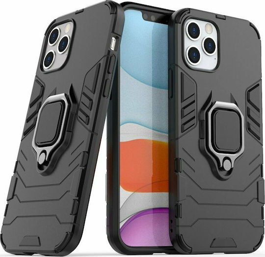Hurtel Ring Armor Kickstand Back Cover Plastic Negru (iPhone 12 / 12 Pro)