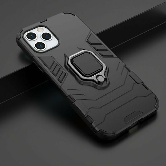 Hurtel Ring Armor Kickstand Back Cover Plastic Negru (iPhone 12 / 12 Pro)