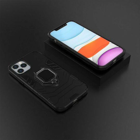 Hurtel Ring Armor Kickstand Back Cover Plastic Negru (iPhone 12 / 12 Pro)