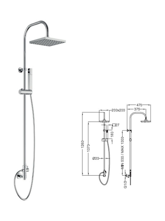 Ottone Meloda Fix Shower Column without Mixer 126cm Silver