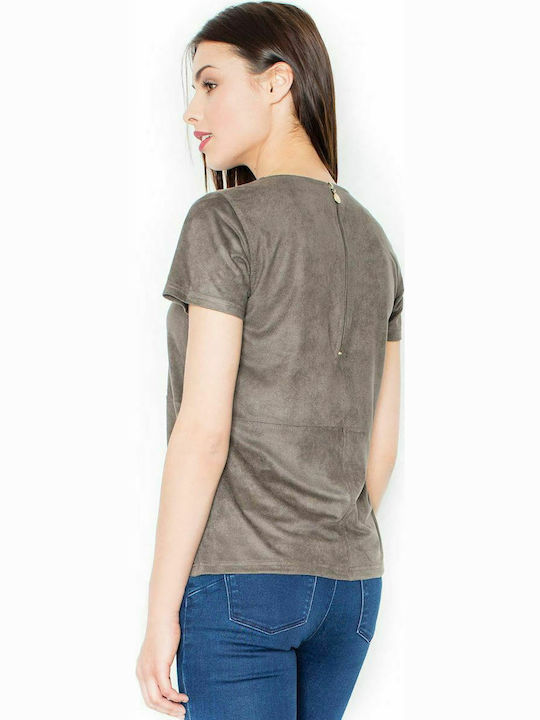 Figl M458 Winterlich Damen Leder Bluse Kurzärmelig Khaki 111506