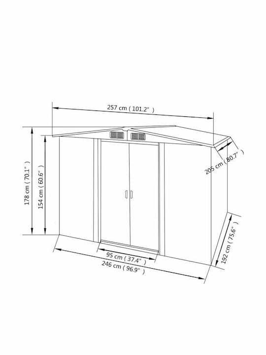 Metallic Galvanized Garden Warehouse with Double-Leaf Door & Air Vent Green L2.57xW2.05xH1.78cm