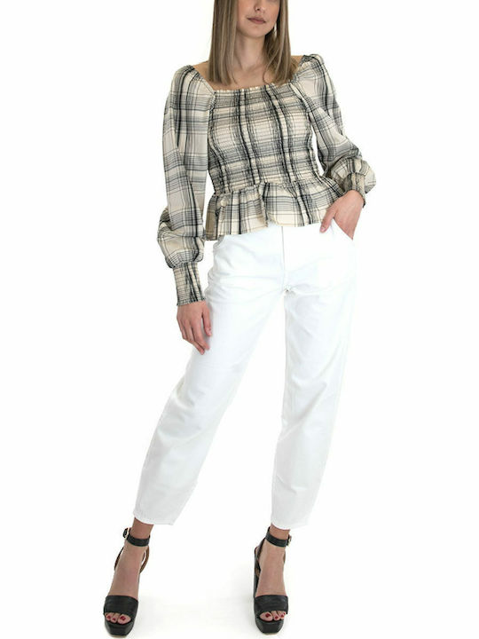 Life Women's Blouse Cotton Long Sleeve Checked Ecru/Black