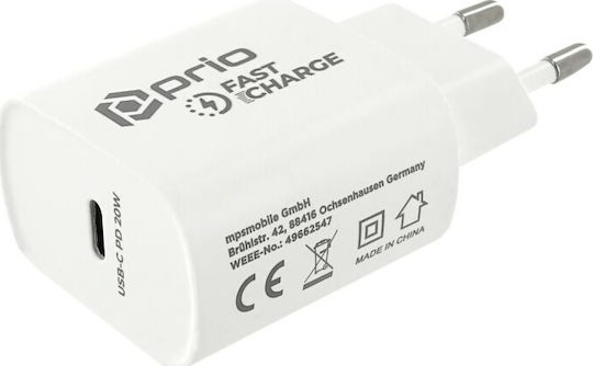 Prio Charger Without Cable with USB-C Port 20W Power Delivery Whites (PWC-1103)