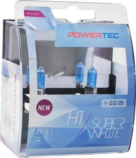 M-Tech Λάμπες Αυτοκινήτου & Μοτοσυκλέτας Powertec Superwhite H1 Αλογόνου 4000K Φυσικό Λευκό 12V 55W 2τμχ