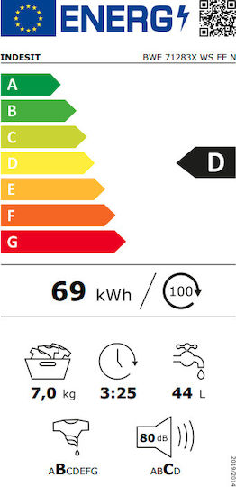Indesit Πλυντήριο Ρούχων 7kg 1200 Στροφών Water Balance Plus BWE 71283X WS EE N