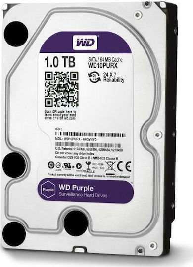 Western Digital Purple Surveillance 1TB HDD Σκληρός Δίσκος 3.5" SATA III 5400rpm με 64MB Cache για Καταγραφικό WD10PURX