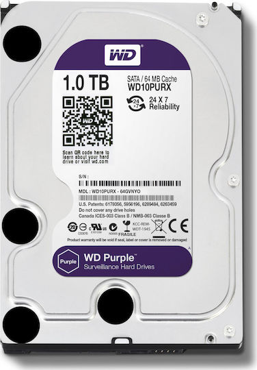 Western Digital Purple Surveillance 1TB HDD Σκληρός Δίσκος 3.5" SATA III 5400rpm με 64MB Cache για Καταγραφικό WD10PURX