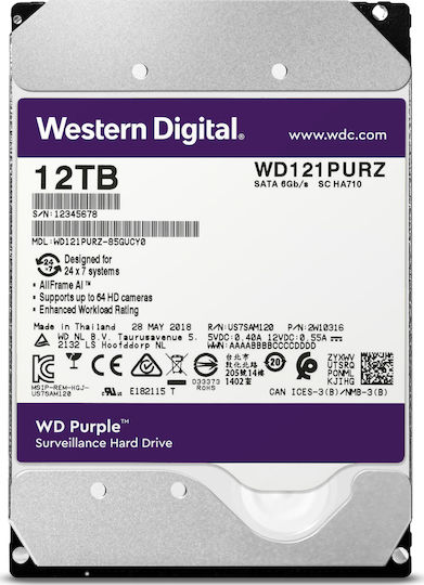 Western Digital Purple 12TB HDD Σκληρός Δίσκος 3.5" SATA III 7200rpm με 256MB Cache για Καταγραφικό WD121PURZ