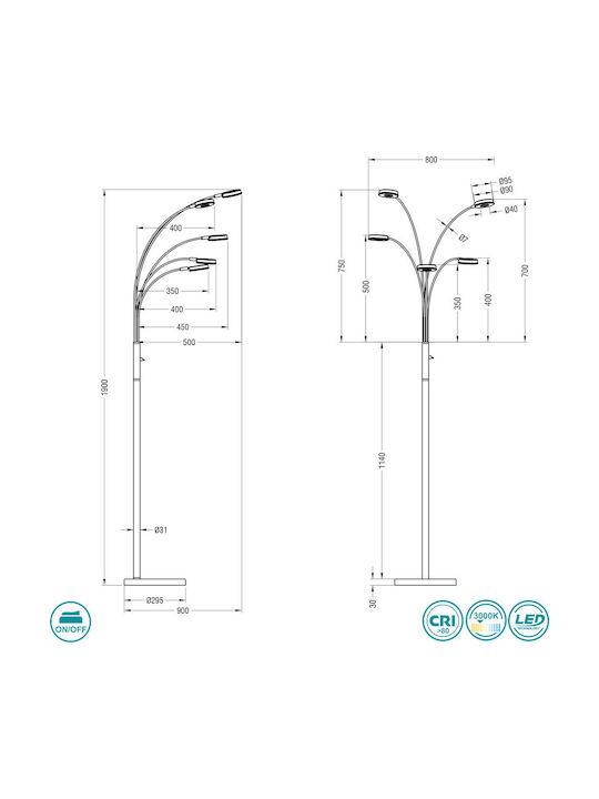 Trio Lighting Rennes LED Floor Lamp H190xW90cm. with Warm White Light 350lm Silver