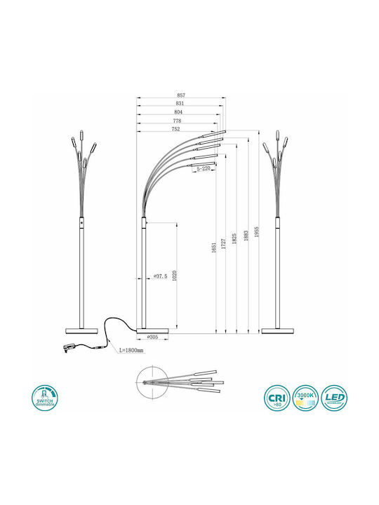 Trio Lighting Reed LED Подова Лампа В195.5xД30.5см. 350лм Сребрист