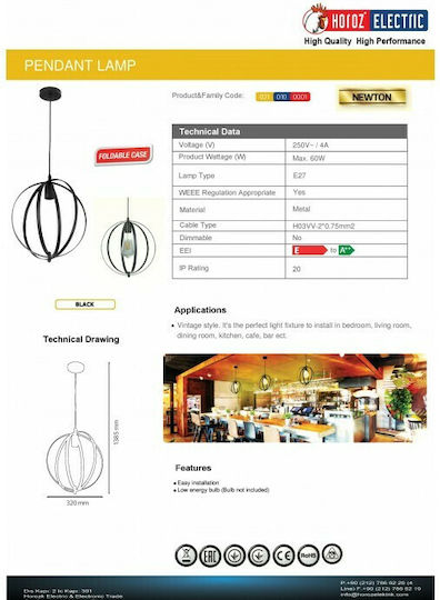 Horoz Electric Pendant Light Black Horoz Electric Pendant Light Black