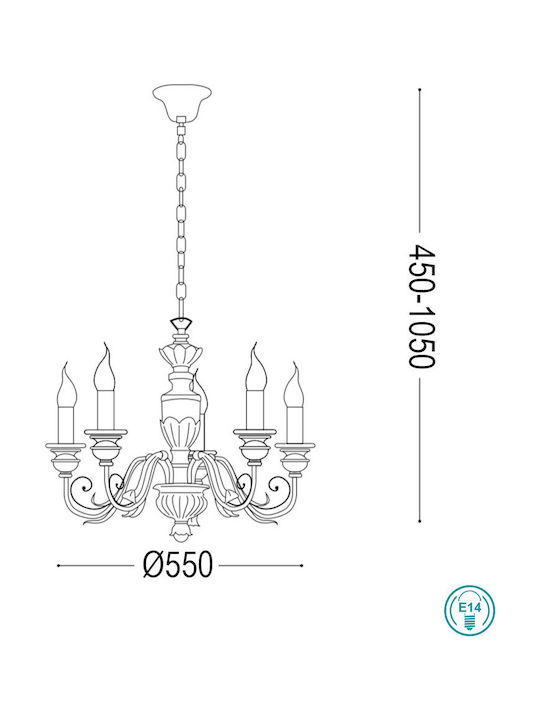 Ideal Lux Chandelier Candlestick 5xE14 White 55cm 012865