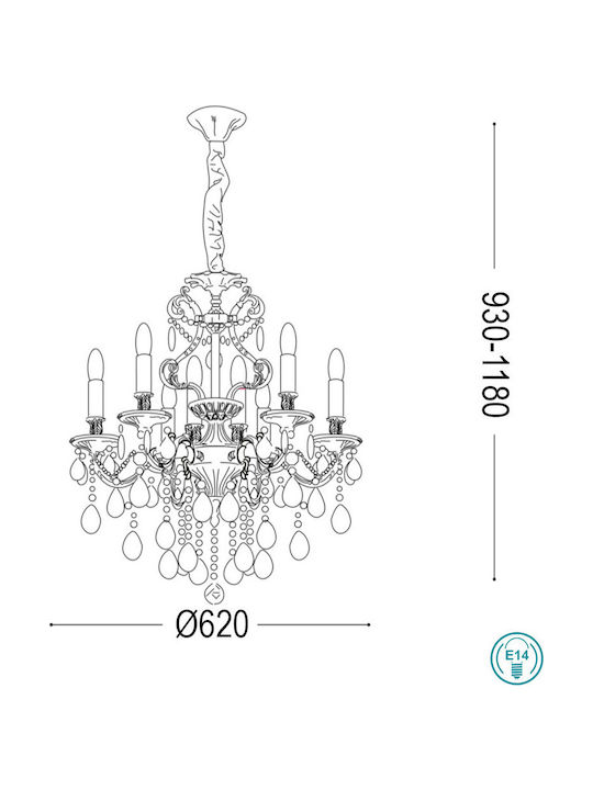 Ideal Lux Chandelier Candlestick 6xE14 Silver 62cm 044927
