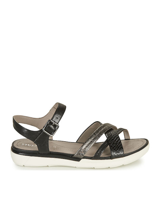 Geox Hiver Leder Flache Sandalen für Damen mit Riemen in Schwarz Farbe