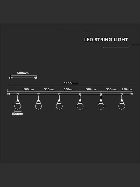V-TAC VT-720S Garland Lights Exterior 3m Mată neagră cu 6 prize E27 IP65