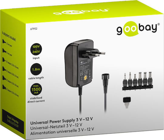Goobay Universal Τροφοδοτικό Ρυθμιζόμενης Τάσης 12V 1.5A με Ισχύ 18W με σετ βυσμάτων (67952)