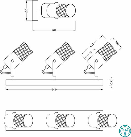 Trio Lighting Tosh Triple Spot with Socket E14 in Black Color