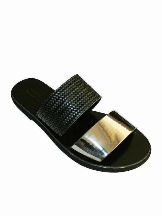 Women's leather sandal in black-silver color