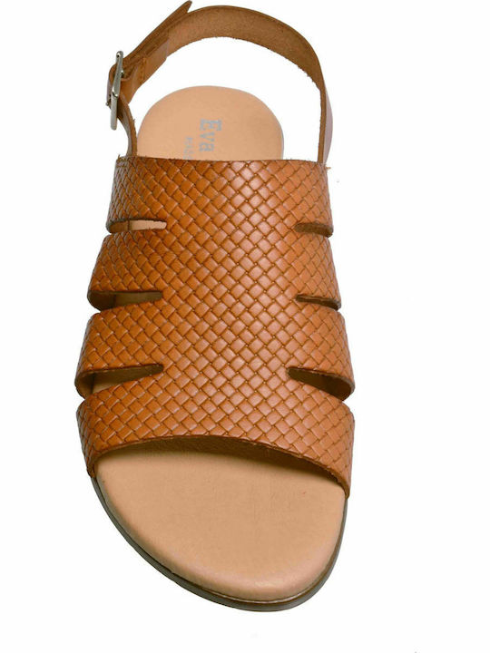 Eva Frutos Cuero Grabado 9106 Leather Women's Flat Sandals in Tabac Brown Color