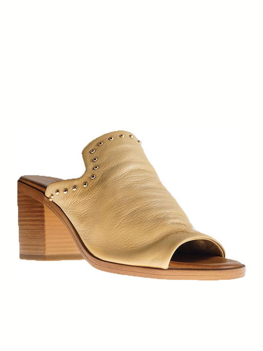 Leather Mules with Chunky High Heel in Beige Color