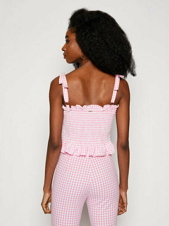 Guess Women's Crop Top Cotton with Straps Checked Pink