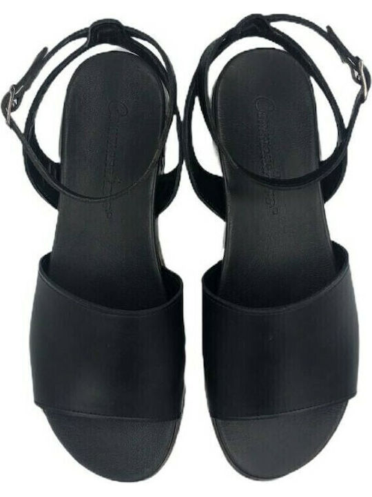 Leather Women's Flat Sandals Anatomic with Strap in Black Color